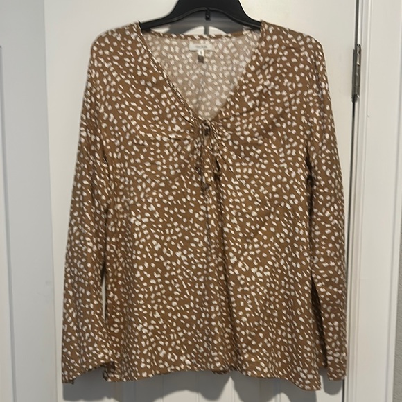 Maurices Tan and Brown Tie Front Long Sleeve Blouse - Picture 1 of 5
